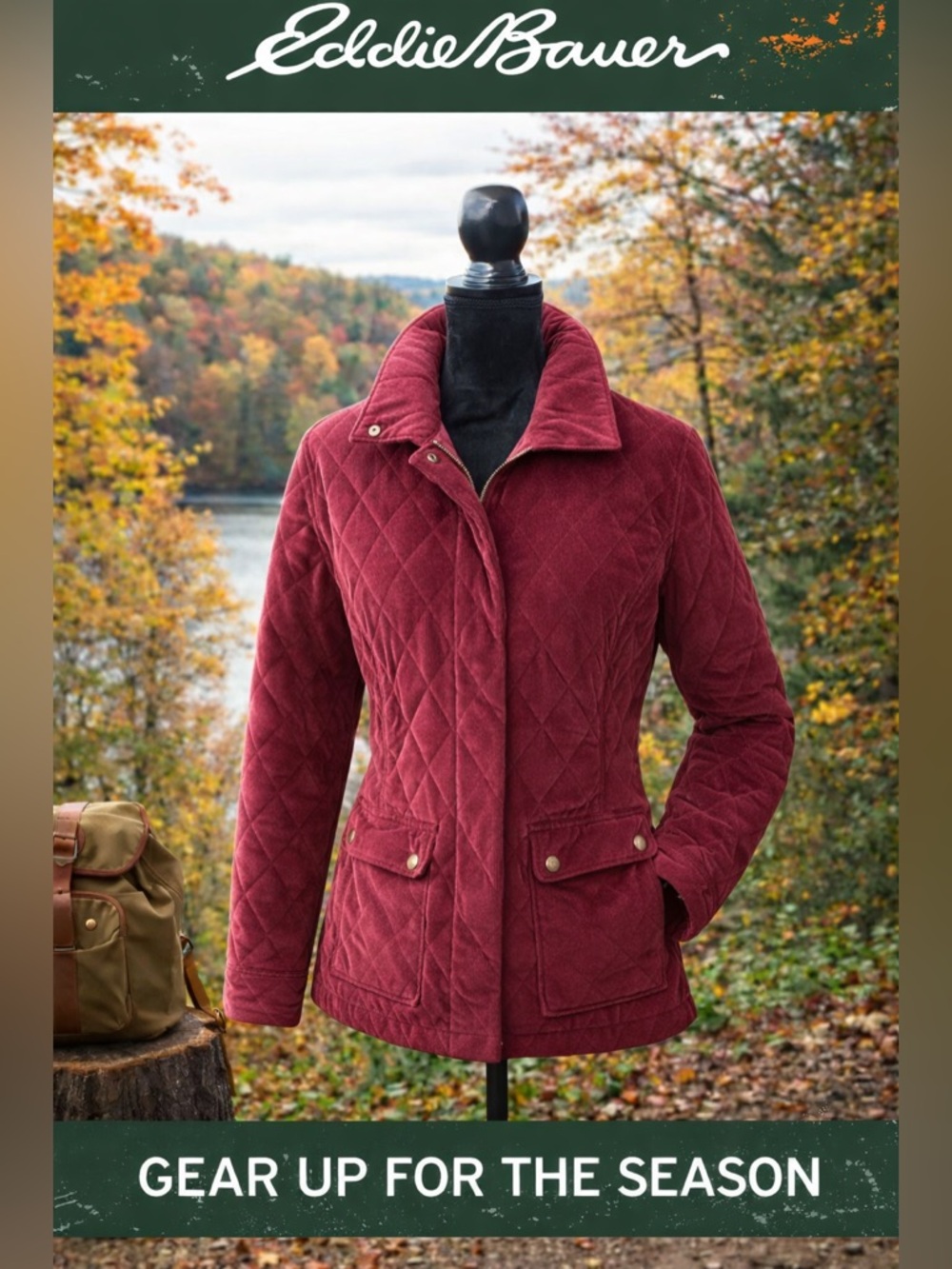 Eddie Bauer Wmns Quilted Jacket Burgundy Corduroy Trim Snap Front Outdoor Coat
